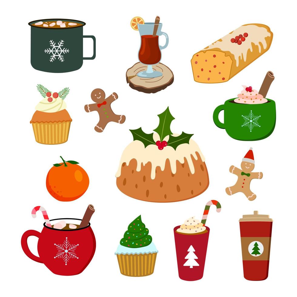 kerst eten en drinken set. glühwein, warme chocolademelk, koffie, kersttaart, peperkoekkoekjes. kinderen illustratie. verzameling plakboeken. vectorillustratie. geïsoleerd op een witte achtergrond. vector