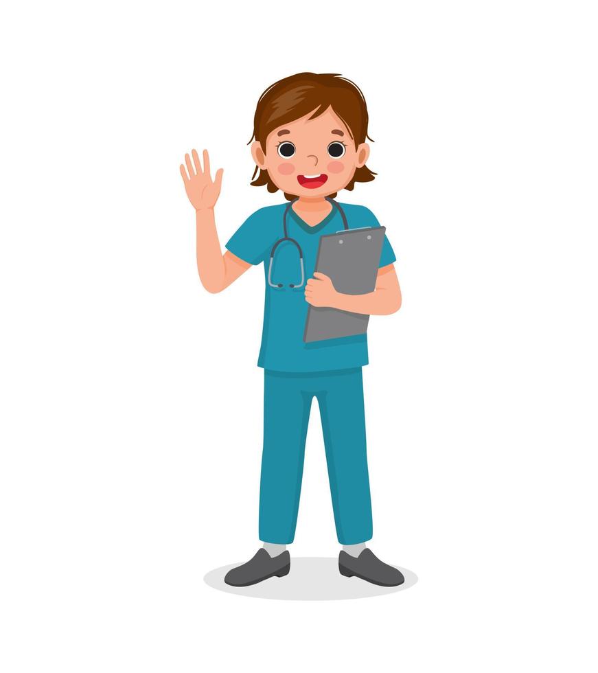 schattig klein meisje draagt verpleegstersuniform met klembord zwaaiende hand. baan en beroep concept voor onderwijsdoeleinden vector