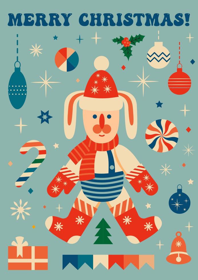 retro vintage wenskaart met kerst konijn. kerstkaart. vector illustratie