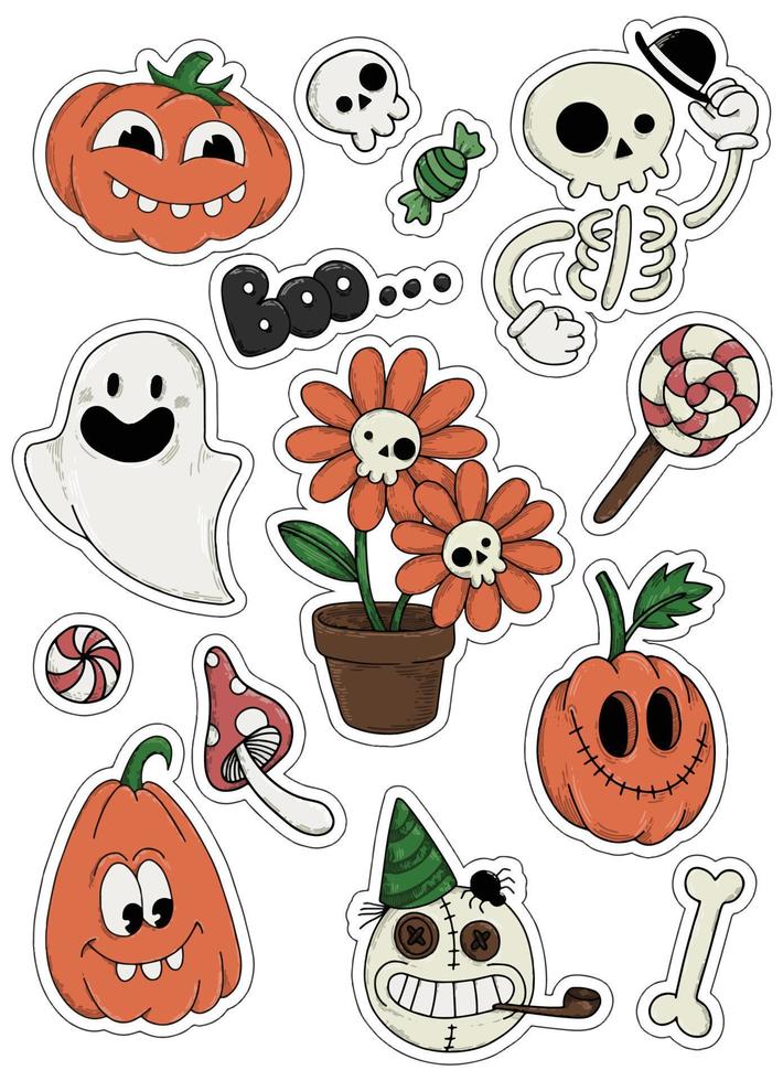 stickerpakket met schattige halloween-personages. grappige tekeningen rond het thema halloween, stickers. karakters voor kinderen vector