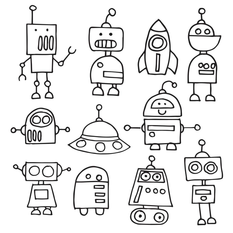 vector tekening in doodle stijl. set van schattige robots. lijntekening voor kinderen. grappige robots