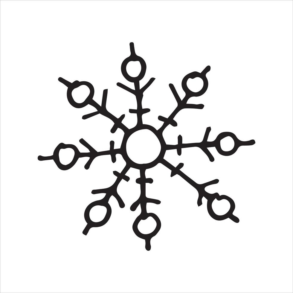 vectorillustratie in doodle stijl. leuke eenvoudige sneeuwvlok. sneeuwvlok in Scandinavische stijl, lijntekening geïsoleerd op een witte achtergrond. clip art vector