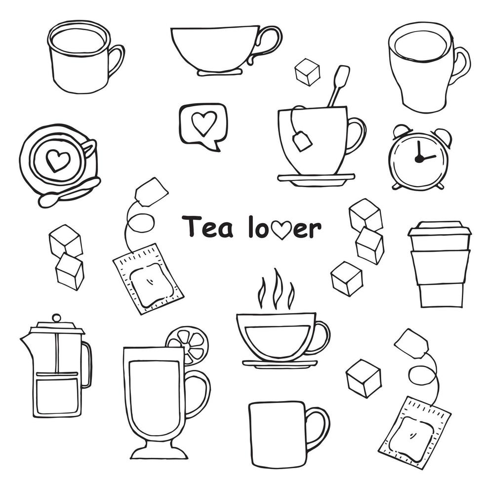 doodle stijl vectorillustratie. eenvoudige theehandtekeningen. mokken, theezakjes, suiker, een franse pers. schattige pictogrammen voor menu en winkel vector