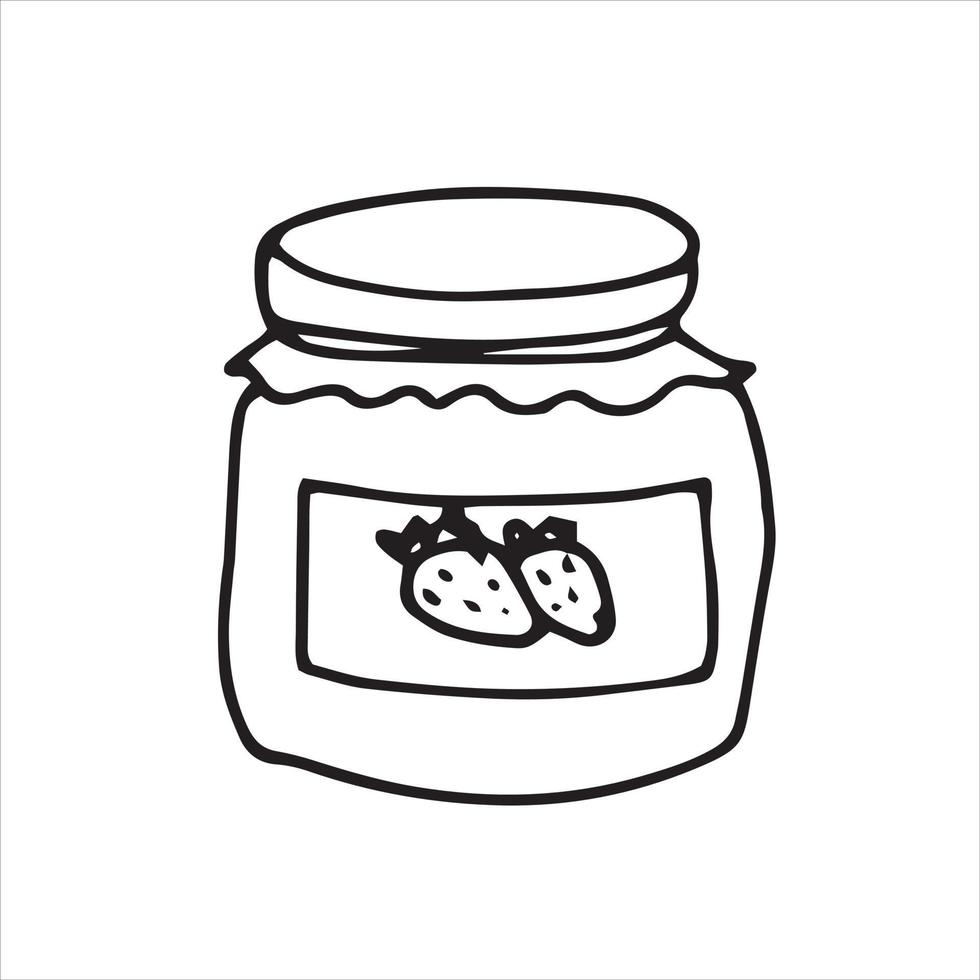 vectorillustratie in doodle stijl. pot jam, jam. eenvoudige tekening van zoete aardbeienjam dessert. zwart-wit lijntekening vector