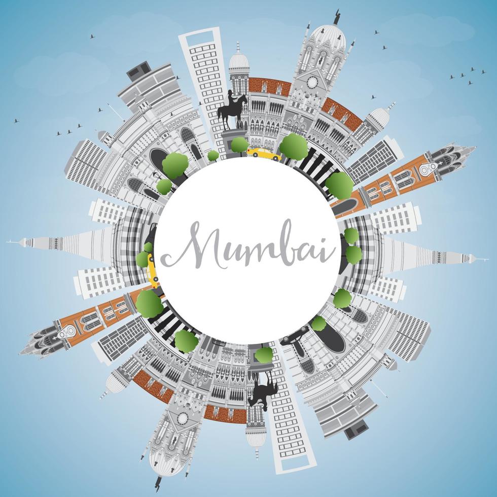 Mumbai skyline met grijze bezienswaardigheden en blauwe lucht. vector