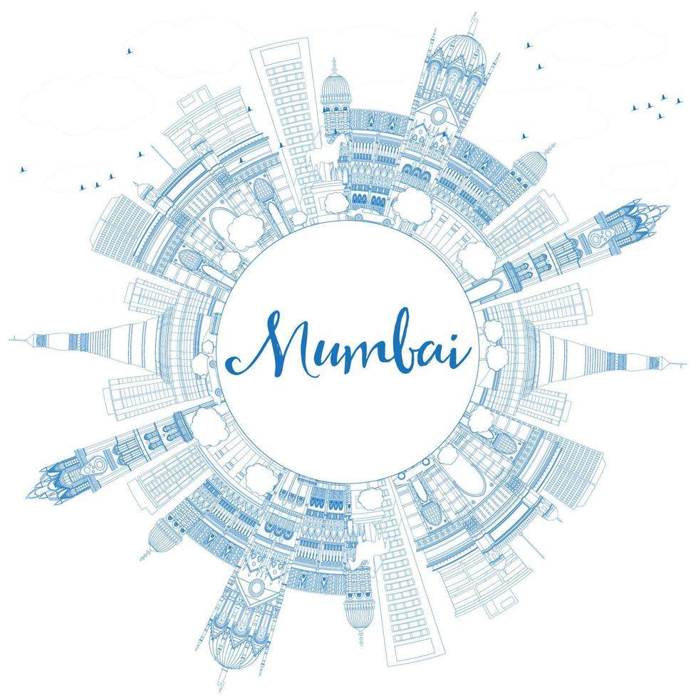 schets de skyline van Mumbai met blauwe oriëntatiepunten. vector