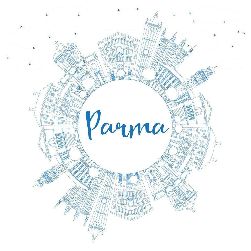 schets de skyline van parma met blauwe gebouwen en kopieer ruimte. vector