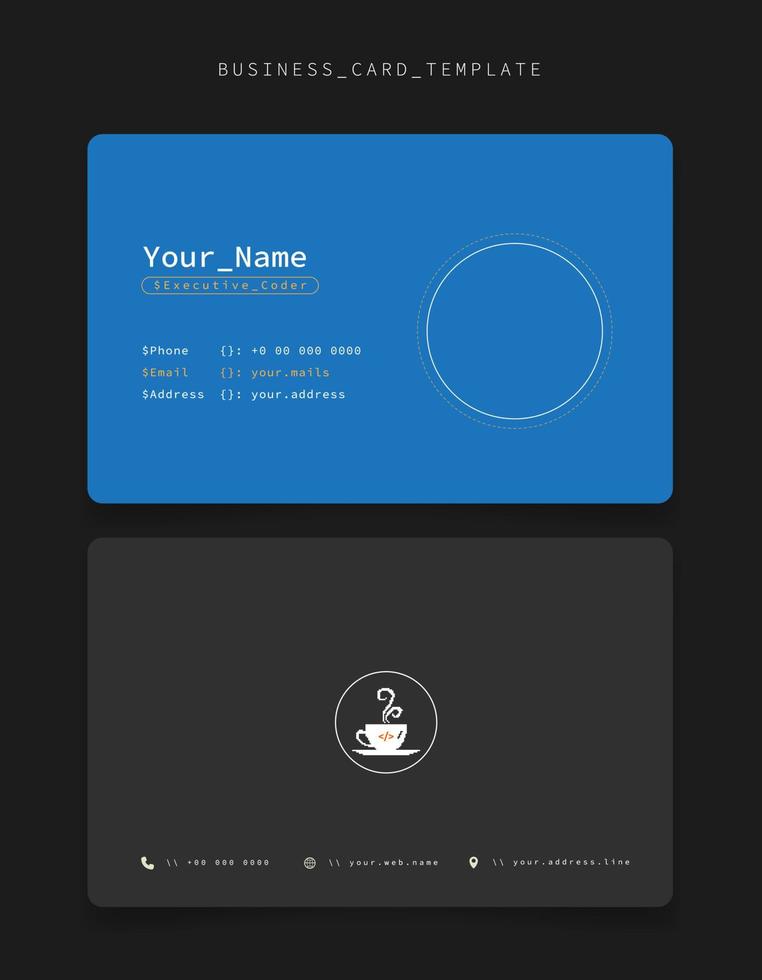 visitekaartjesjabloon op blauwe en grijze achtergrond met pixelkoffiepictogram voor programmeursidentiteit vector