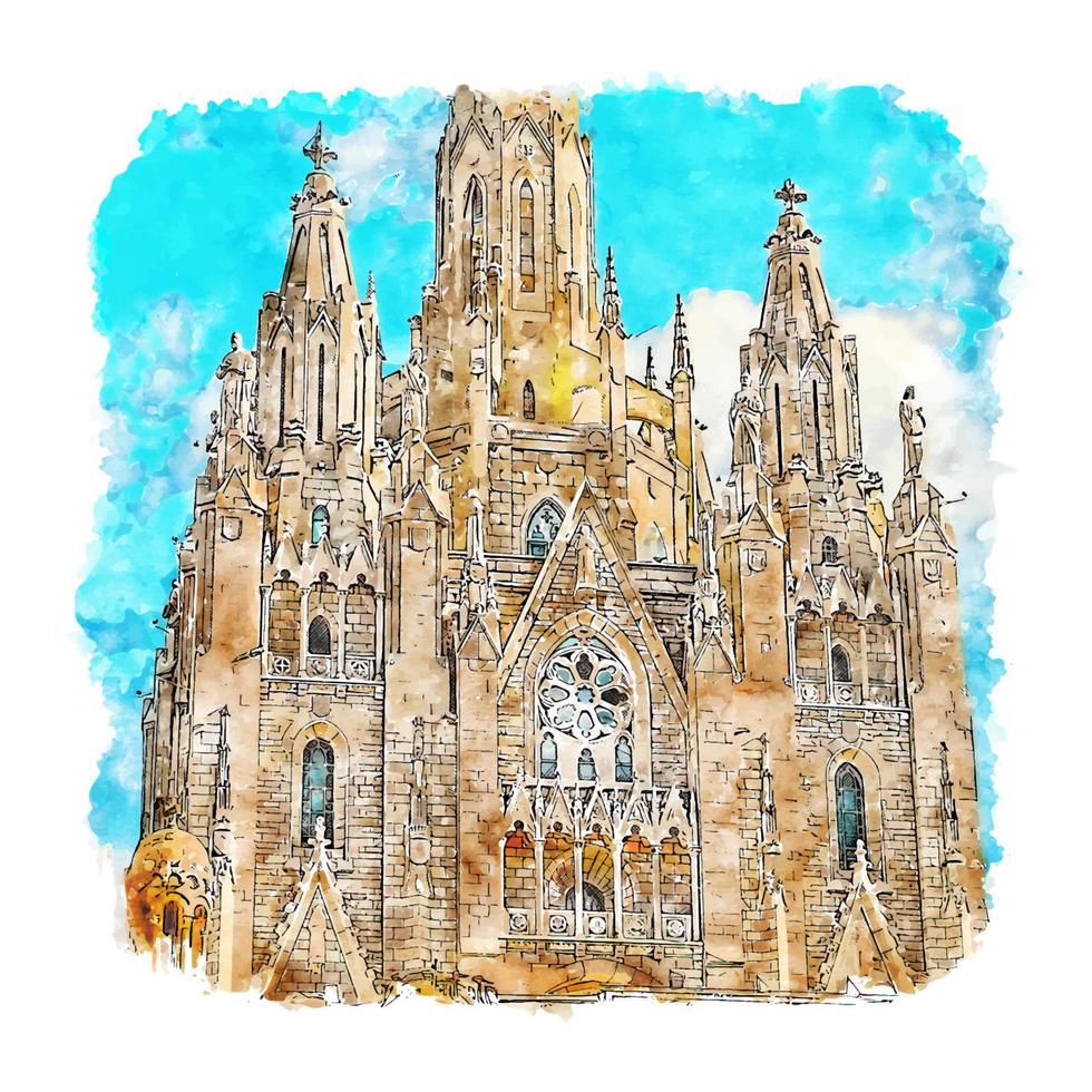 tibidabo barcelona aquarel schets hand getekende illustratie vector