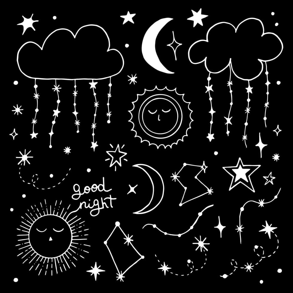 verzameling nachtelijke hemelelementen. heemruimte, kosmonautendag, astronomie, sterren vector