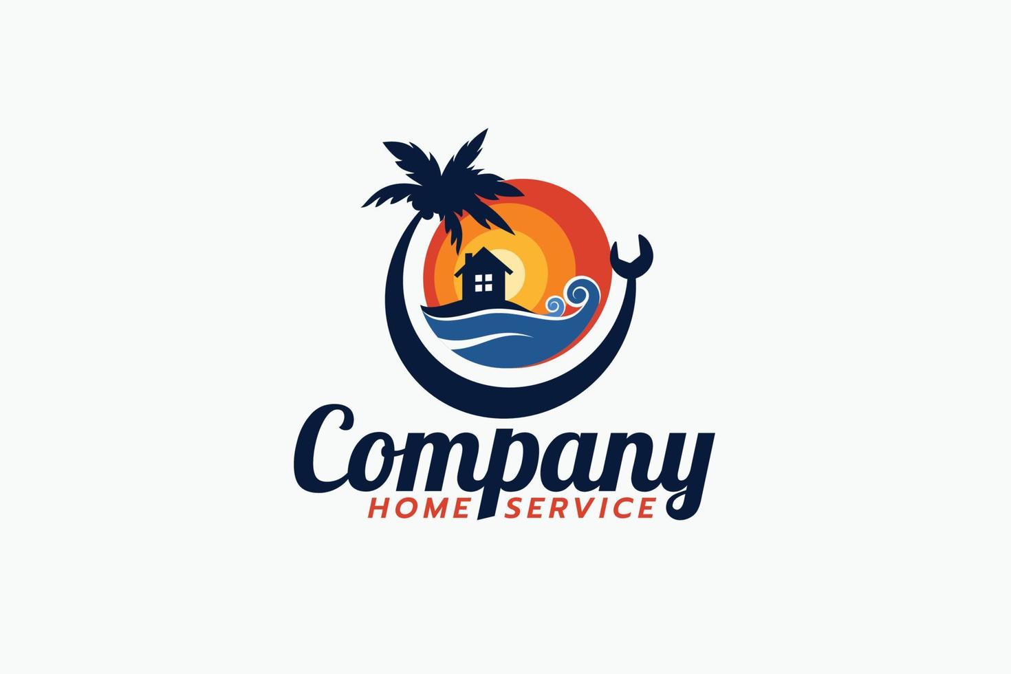 strand home service-logo met uitzicht op de zonsondergang, strand en moersleutel. vector