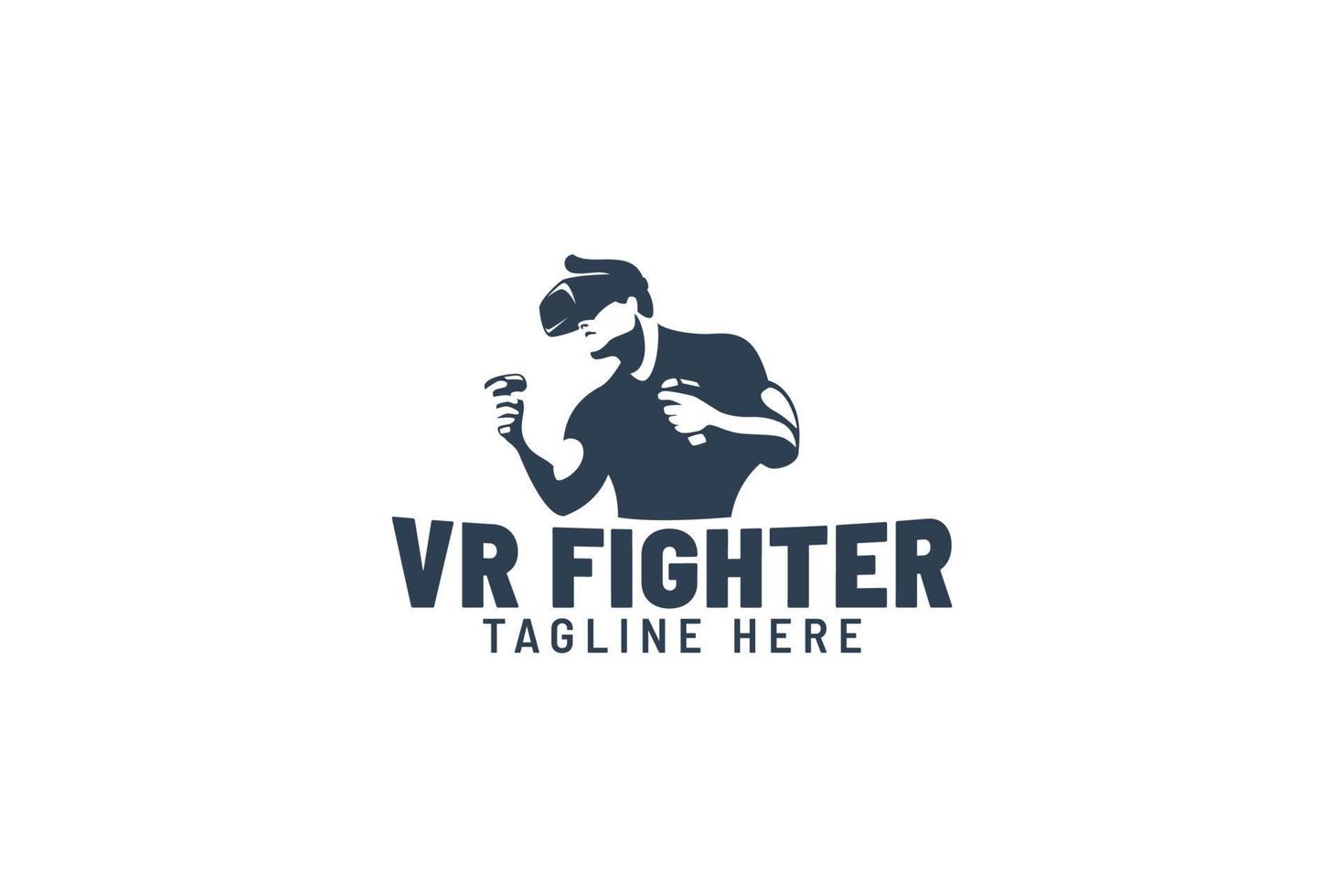 virtueel gamer-logo met man met vr-box-bril en poseren als een jager. vector