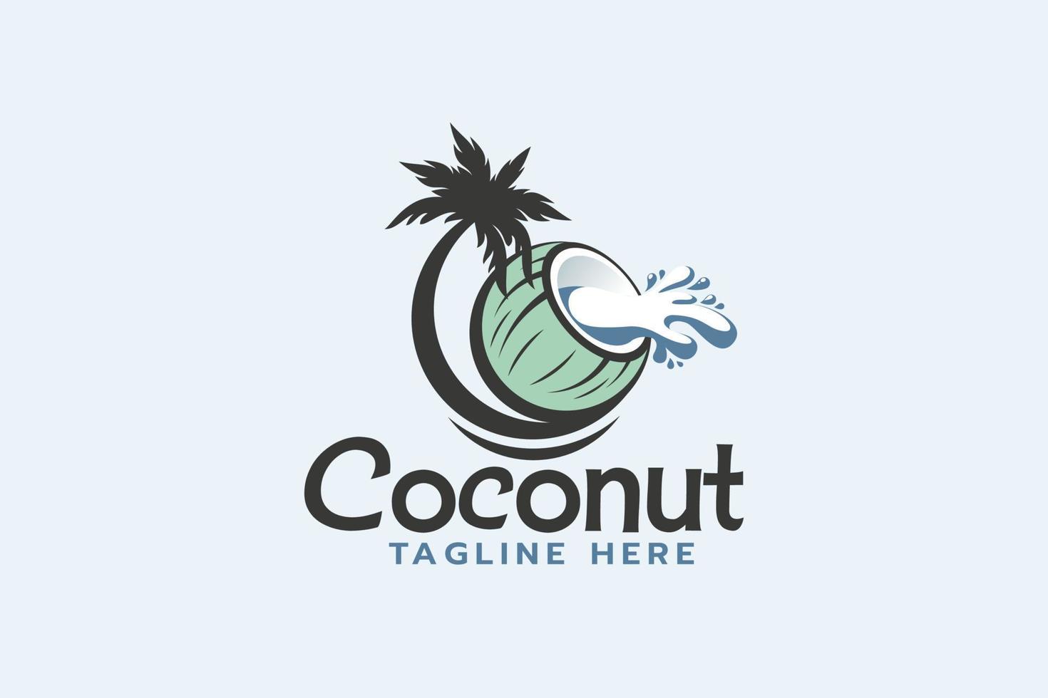 kokosnootlogo met kokospalm en gemorst kokoswater. vector