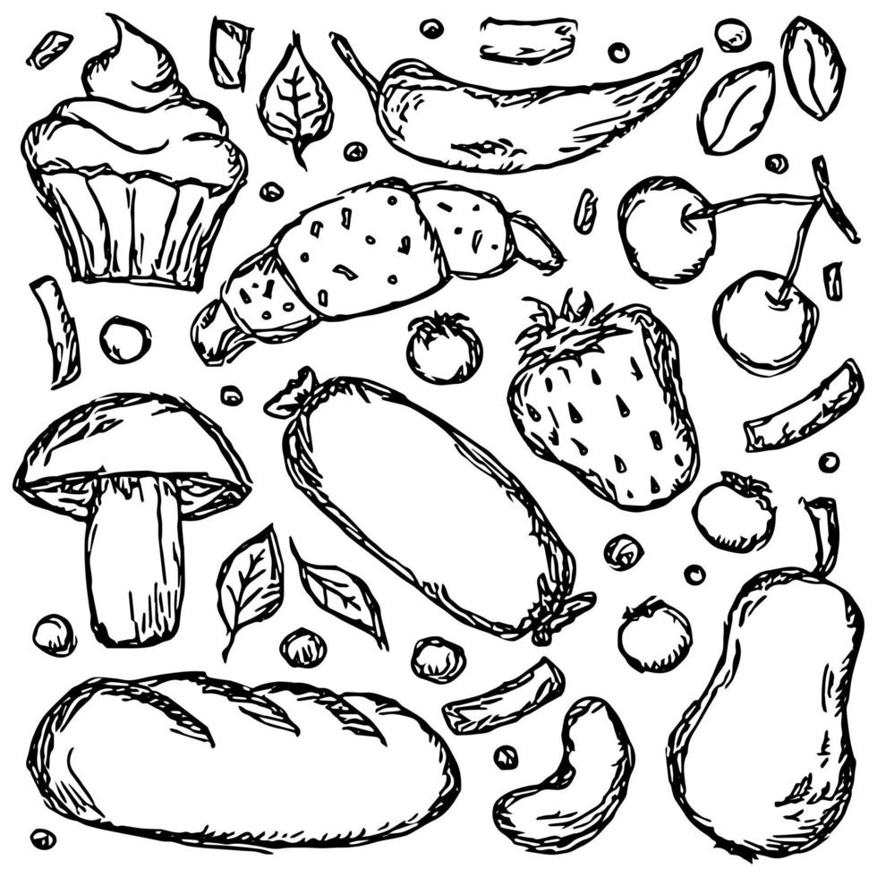 set van pictogrammen op het thema van voedsel. voedselvector. doodle vector met zwart-wit voedsel pictogrammen. gratis vector