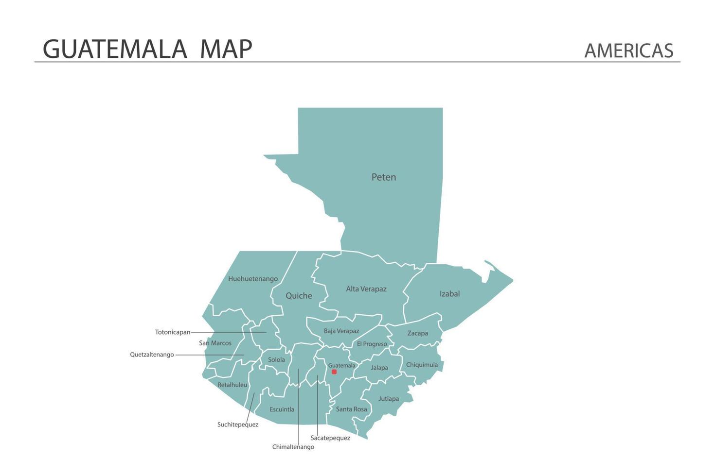 Guatemala kaart vectorillustratie op witte achtergrond. kaart hebben alle provincies en markeer de hoofdstad van Guatemala. vector