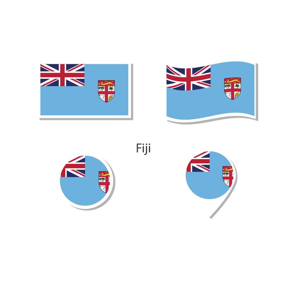 fiji vlag logo icon set, rechthoek plat pictogrammen, ronde vorm, marker met vlaggen. vector