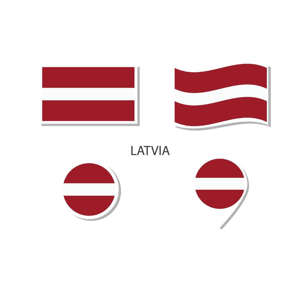 Letland vlag logo icon set, rechthoek plat pictogrammen, cirkelvorm, marker met vlaggen. vector