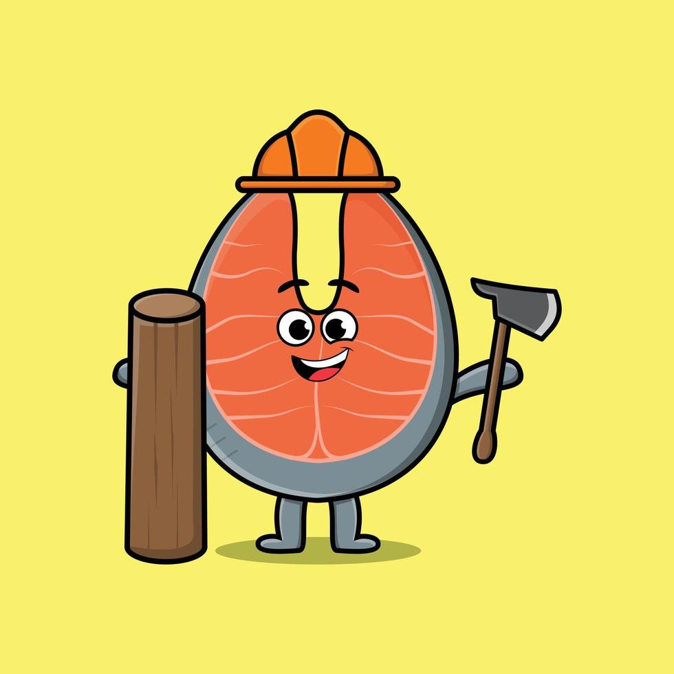 cartoon verse zalm als timmerman met bijl en hout vector