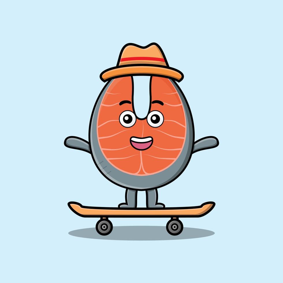 schattige cartoon verse zalm staande op skateboard vector