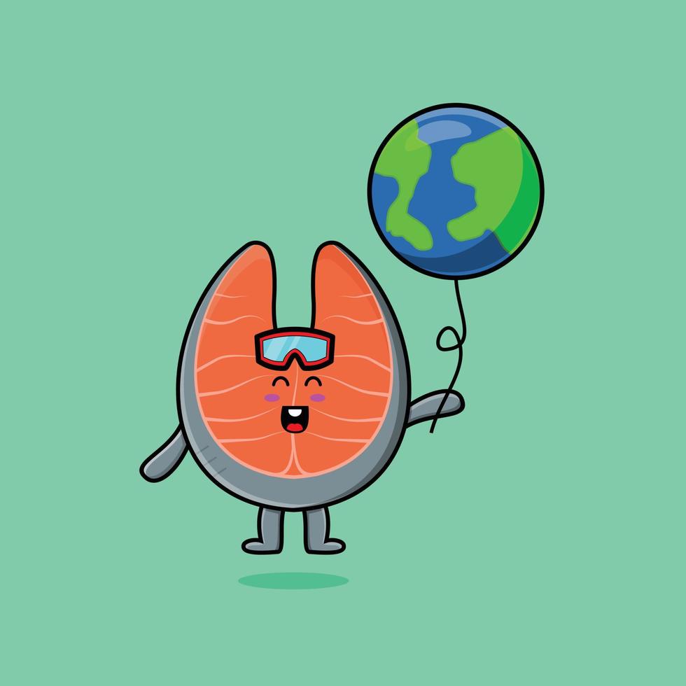 cartoon verse zalm drijvend met wereldballon vector