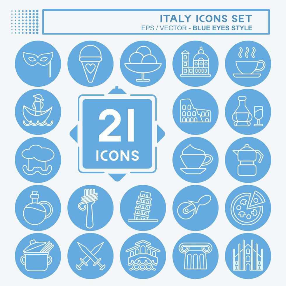 pictogrammenset Italië. geschikt voor onderwijs symbool. blauwe ogen stijl. eenvoudig ontwerp bewerkbaar. ontwerp sjabloon vector. eenvoudige illustratie vector