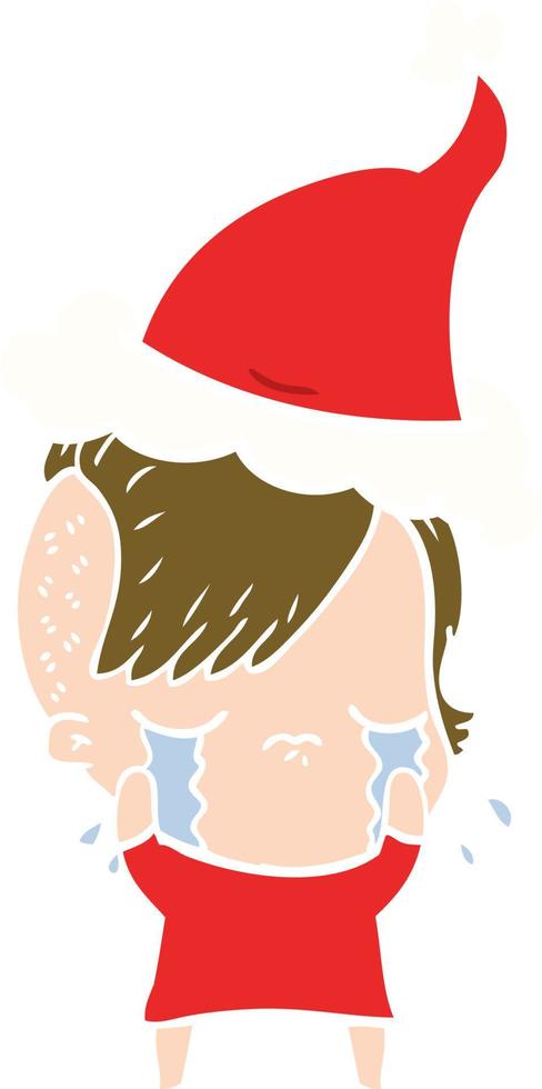 egale kleurenillustratie van een huilend meisje met een kerstmuts vector