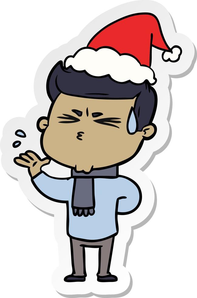 sticker cartoon van een zwetende man met een kerstmuts vector