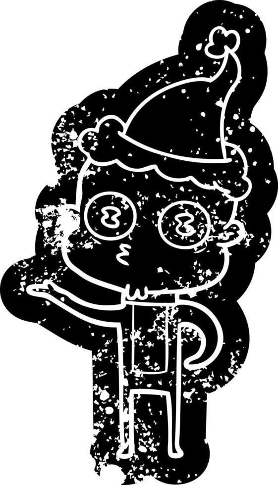 cartoon noodlijdende icoon van een rare kale ruimtevaarder met een kerstmuts vector