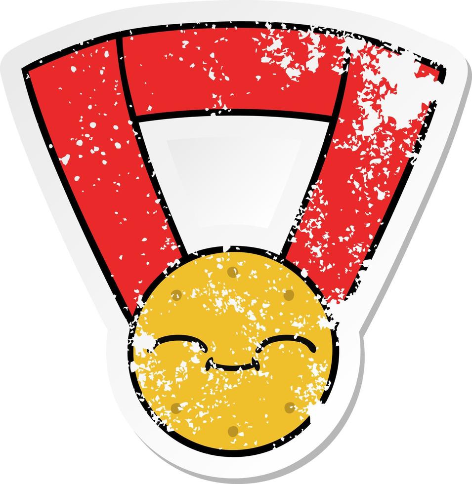 verontruste sticker van een leuke cartoon gouden medaille vector