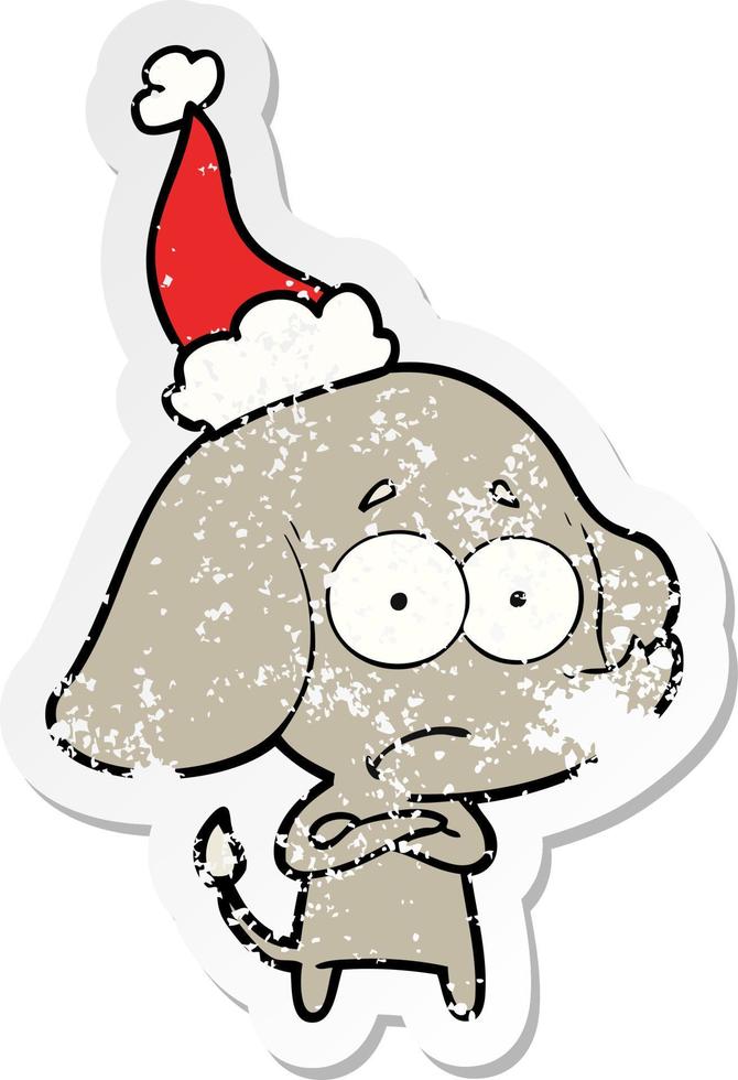 verontruste sticker cartoon van een onzekere olifant met een kerstmuts vector