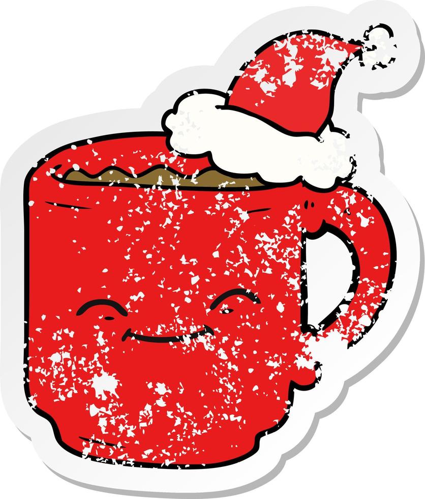 verontruste sticker cartoon van een koffiemok met een kerstmuts vector