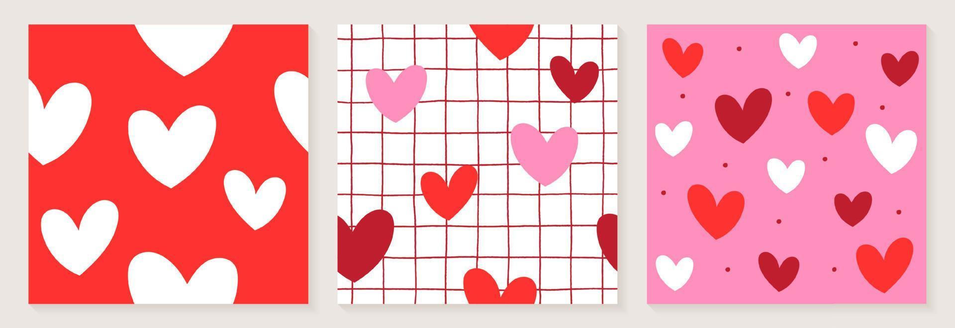 schattig hart valentines liefde wit rood roze kleur confetti vlakke stijl stof textiel raster lijn controleren naadloze patroon achtergrond zomer lente wenskaart set collectie bundel vectorillustratie vector