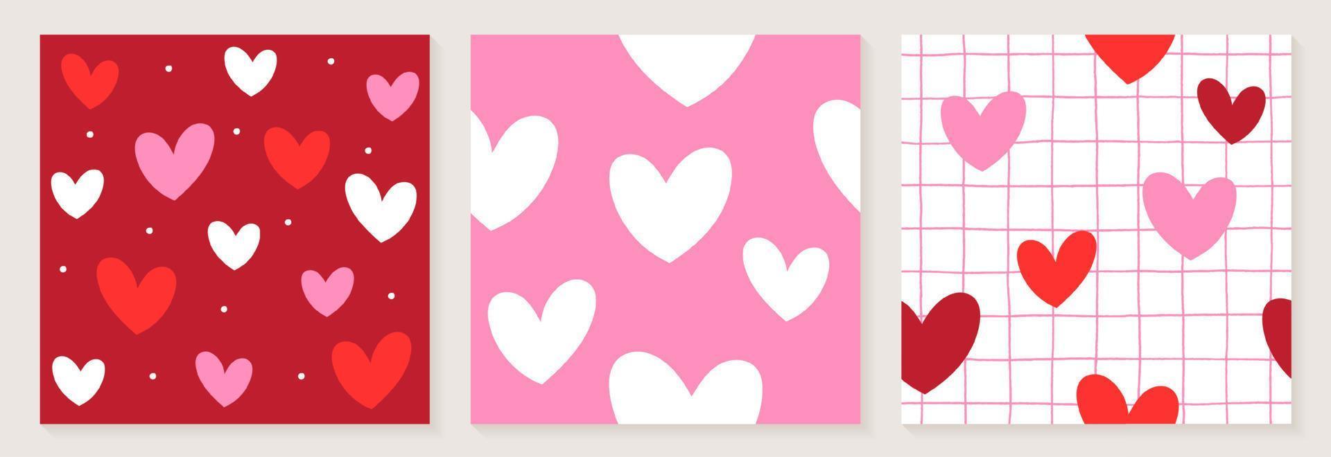 schattig hart valentines liefde wit rood roze kleur confetti vlakke stijl stof textiel raster lijn controleren naadloze patroon achtergrond zomer lente wenskaart set collectie bundel vectorillustratie vector