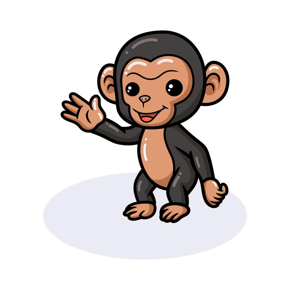schattige baby chimpansee cartoon zwaaiende hand vector