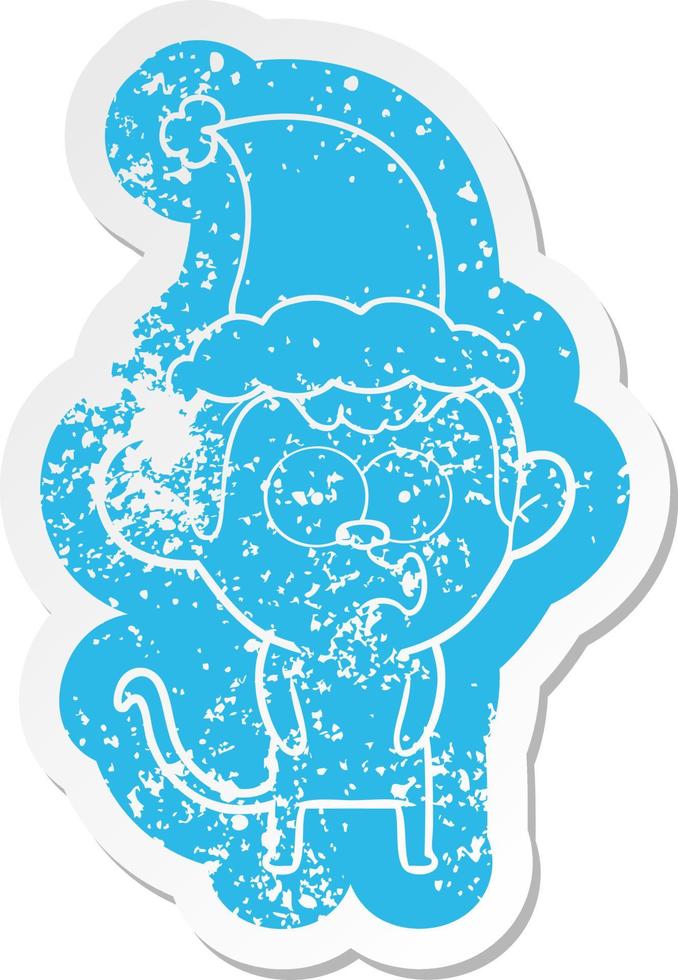 cartoon verontruste sticker van een schreeuwende aap met een kerstmuts vector