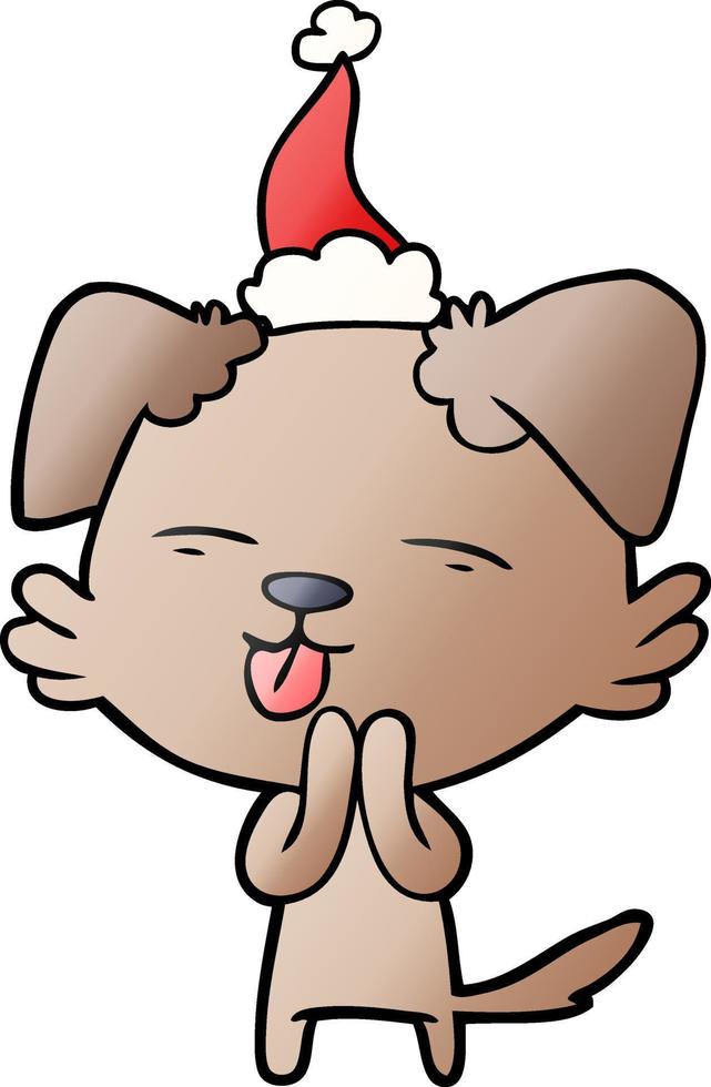 gradiëntcartoon van een hond die zijn tong uitsteekt en een kerstmuts draagt vector