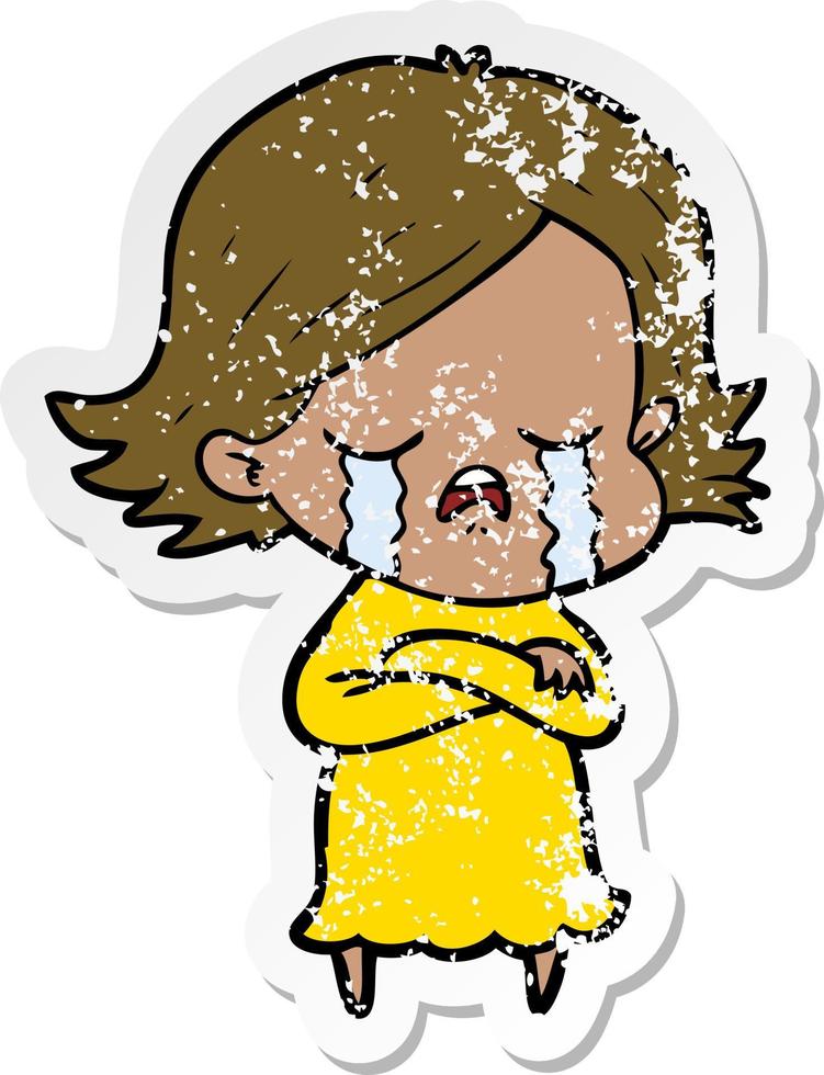 verontruste sticker van een huilend tekenfilmmeisje vector