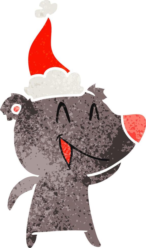 lachende beer retro cartoon van een dragende kerstmuts vector