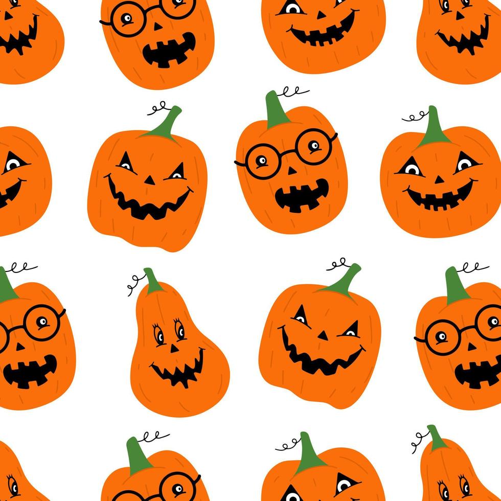 een patroon van een set halloween-pompoenen met grappige gezichten. cartoon stijl vector