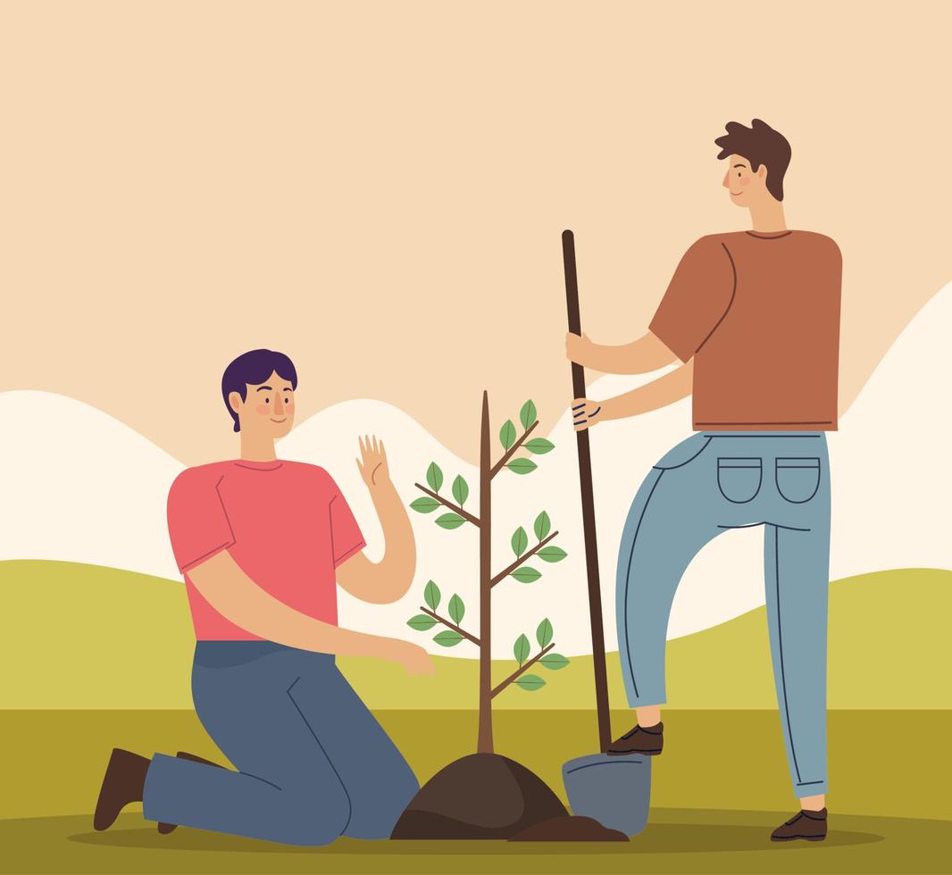 ecologen mannen planten boom scene vector