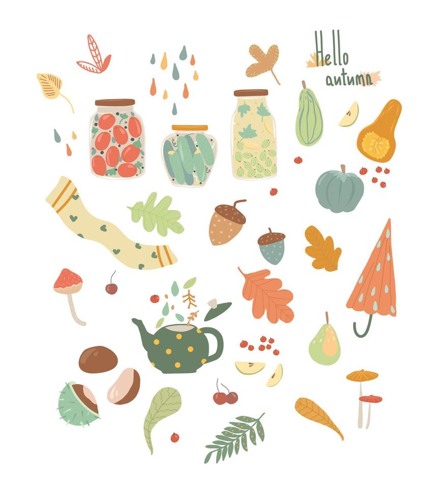 getekende herfst set. pictogrammen en objecten van het herfstseizoen. illustraties voor tijdschriften, ansichtkaarten, reclame, boeken. vector