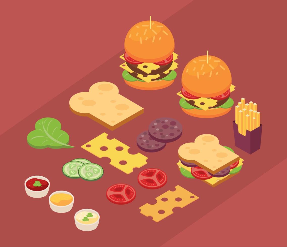 vijftien isometrische fastfoodpictogrammen vector