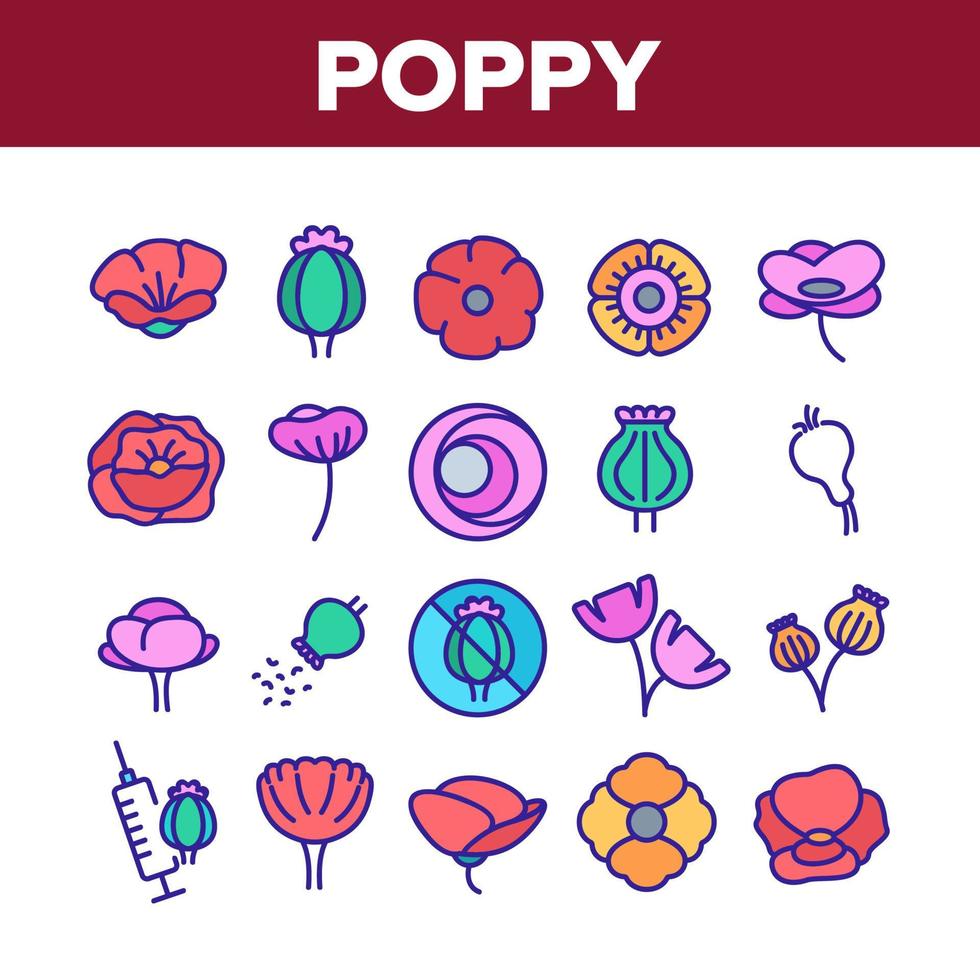 poppy natuurlijke bloem collectie iconen set vector