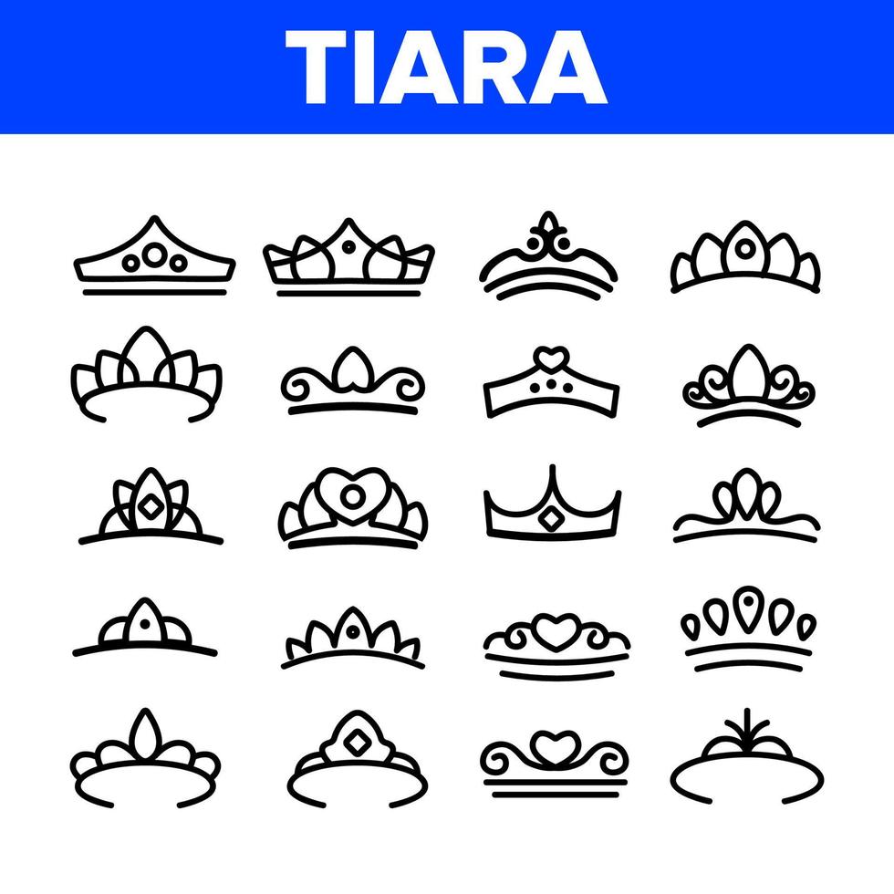 tiara, koninklijke accessoire vector dunne lijn iconen set