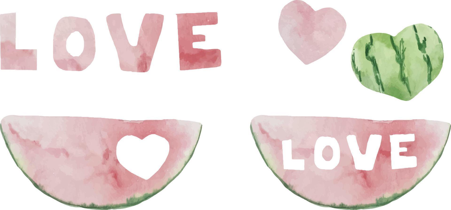 aquarel illustratie van watermeloen, een halve watermeloen, een stuk watermeloen, een plakje watermeloen. watermeloen liefde en harten vector
