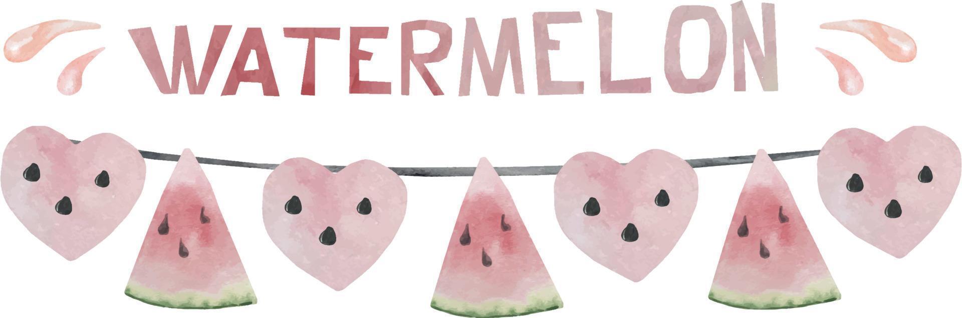 aquarel watermeloen gorzen met roze harten en watermeloen stukjes. zomervlaggen aan een touwtje. slinger van watermeloen vector