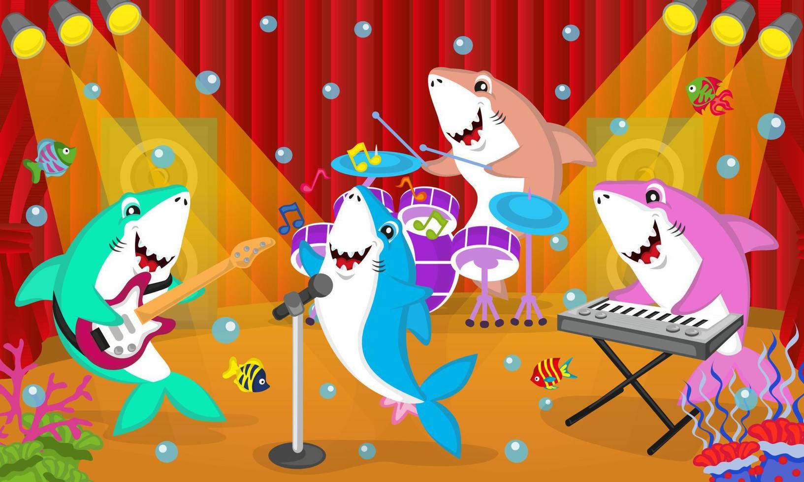 illustratie van schattige haaienband, muziekinstrumenten, gitaar, drums, keyboard en zang bespelen, geschikt voor verhalenboeken voor kinderen, posters, websites, mobiele applicaties, games en meer vector
