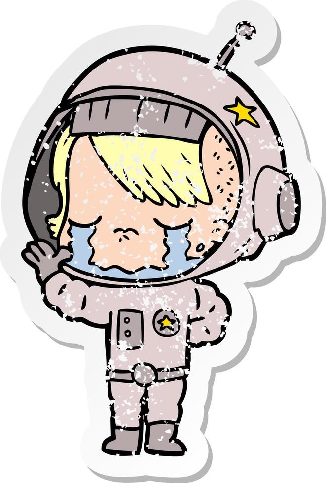 verontruste sticker van een cartoon huilend astronautenmeisje vector