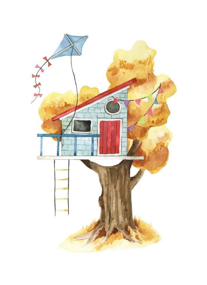 aquarel tekening. schattige boomhut geïsoleerd op een witte achtergrond. een huis voor kinderen op een herfstboom in de stijl van een tekenfilm. vector