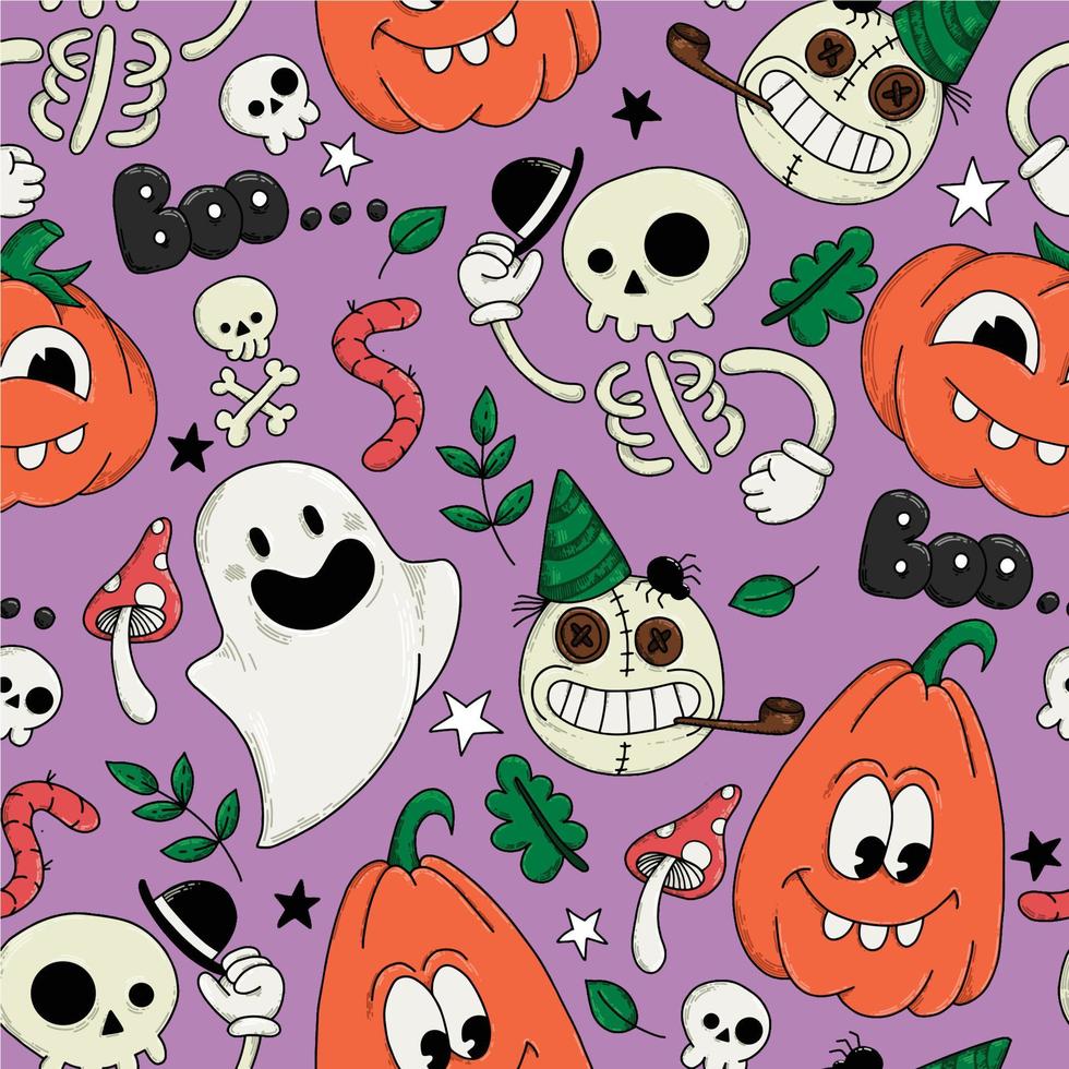 naadloos patroon voor halloween. schattige personages, spoken, pompoenen, skeletten op een violette achtergrond. afdrukken voor kinderen vector